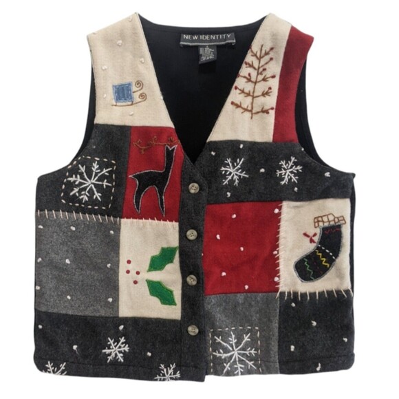 Vintage Christmas Patchwork Vest Wool Reindeer Womens S Small Holiday Snowflakes - Picture 1 of 7